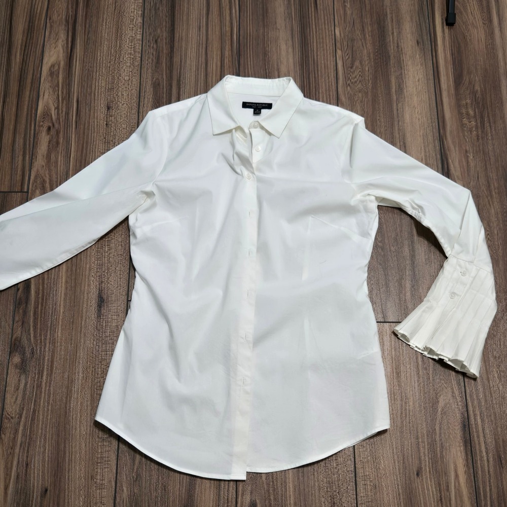 Banana Republic Riley II Tailored Shirt White Pleated Flared Cuff Button Down 8 - Picture 7 of 12